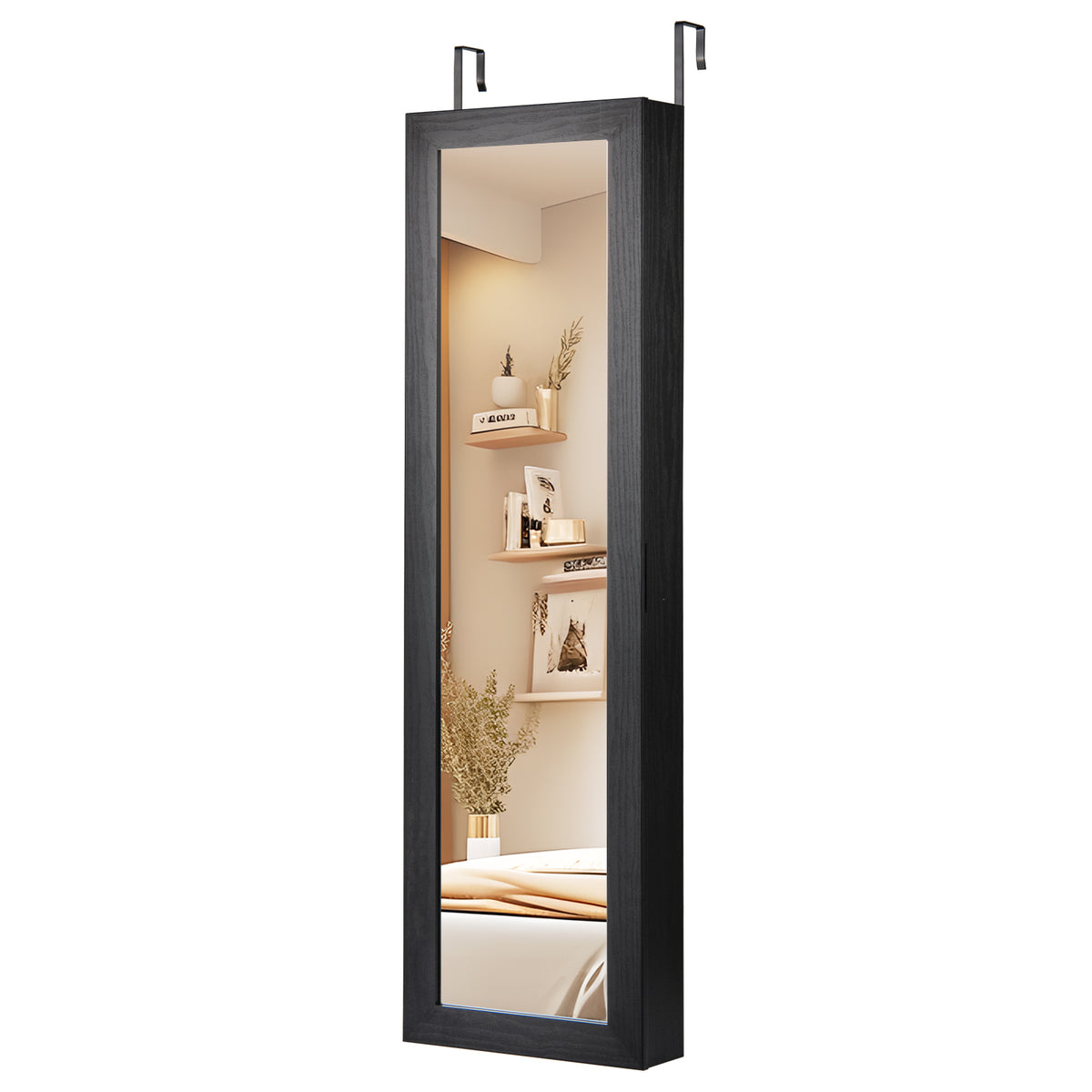Wall or Door Mounted Jewelry Cabinet with Full-Length Mirror and LED Lights-Black-Jewelry Armoires-DECOROLALA