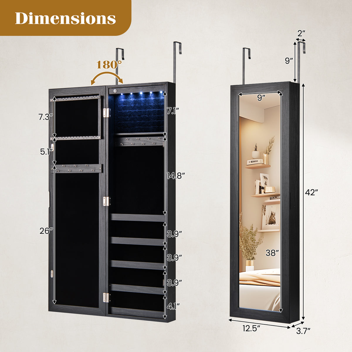 Wall or Door Mounted Jewelry Cabinet with Full-Length Mirror and LED Lights-Black-Jewelry Armoires-DECOROLALA