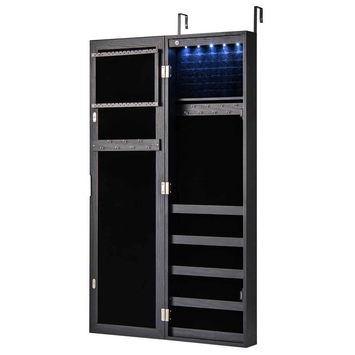 Wall or Door Mounted Jewelry Cabinet with Full-Length Mirror and LED Lights-Black-Jewelry Armoires-DECOROLALA