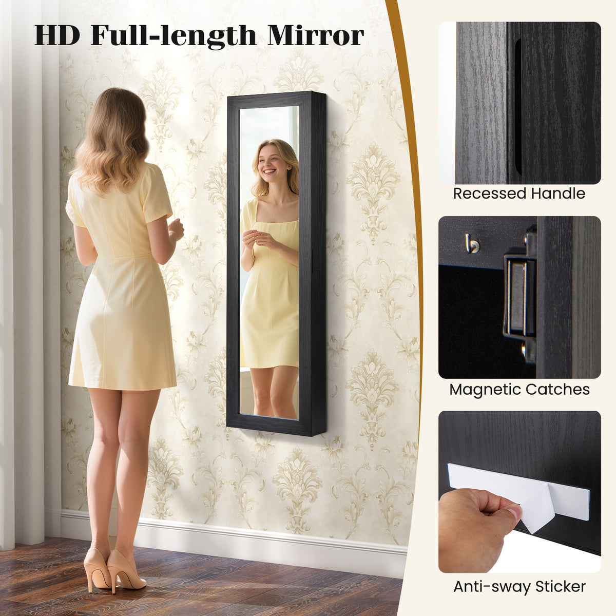 Wall or Door Mounted Jewelry Cabinet with Full-Length Mirror and LED Lights-Black-Jewelry Armoires-DECOROLALA