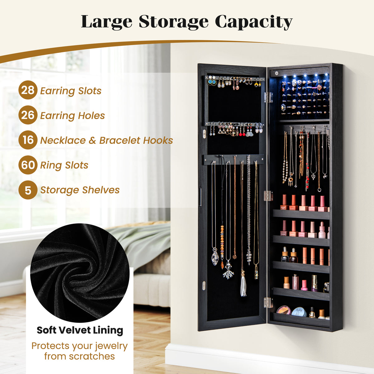 Wall or Door Mounted Jewelry Cabinet with Full-Length Mirror and LED Lights-Black-Jewelry Armoires-DECOROLALA