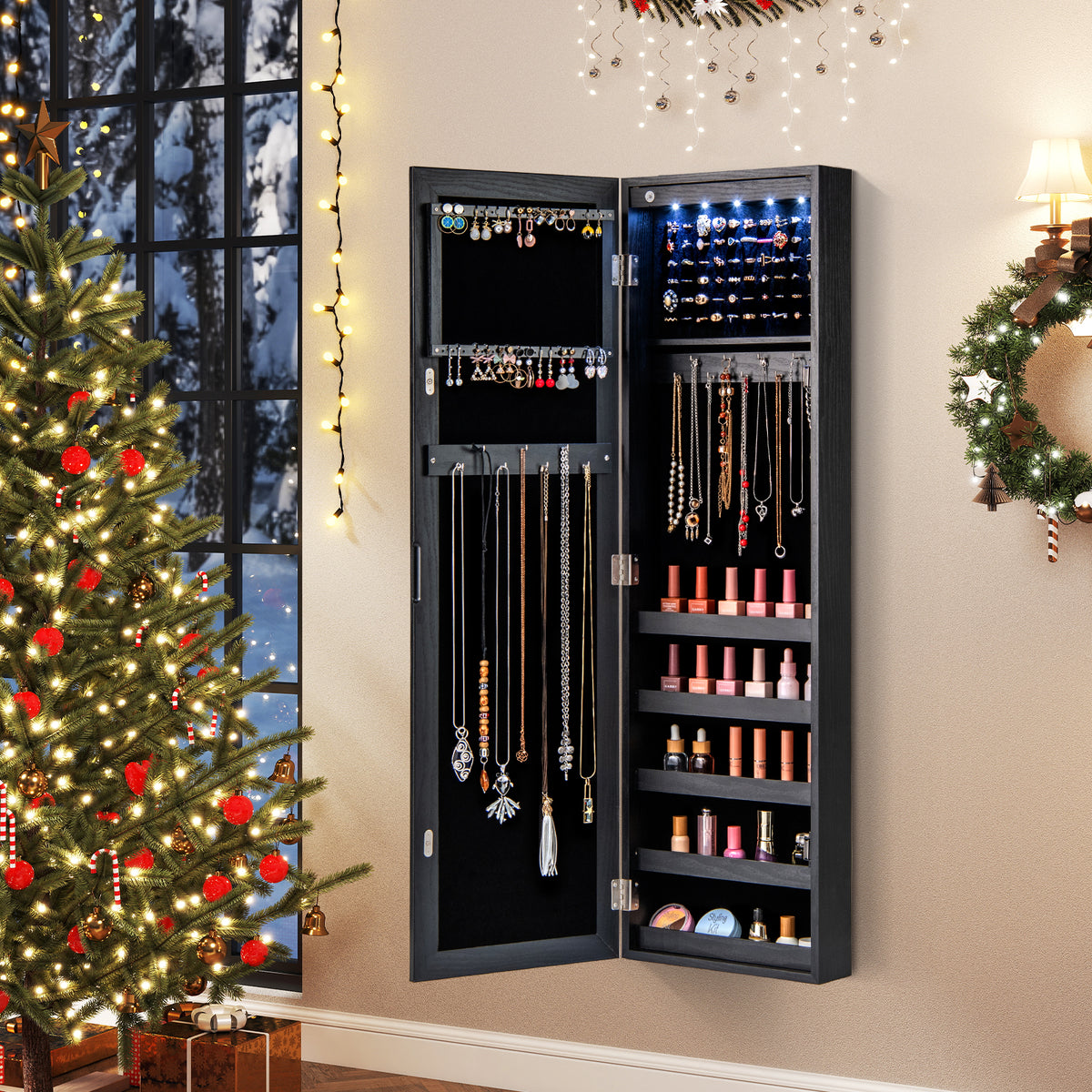 Wall or Door Mounted Jewelry Cabinet with Full-Length Mirror and LED Lights-Black-Jewelry Armoires-DECOROLALA