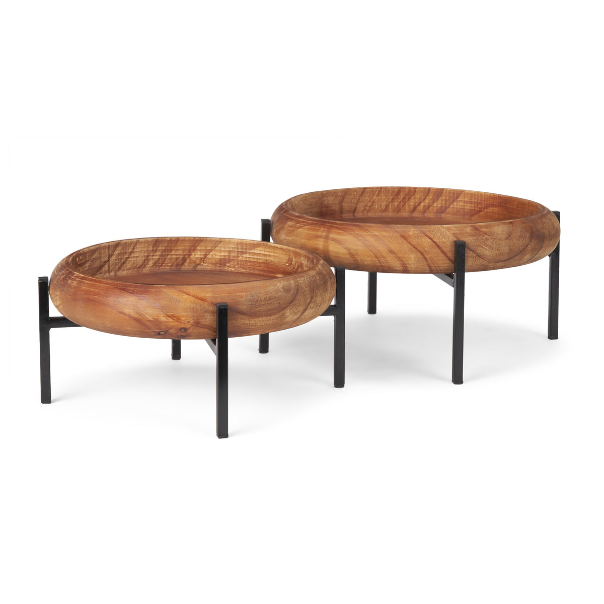 Wally Round Medium Brown Wood w/ Matte Black Metal Stand Trays-Trays-DECOROLALA