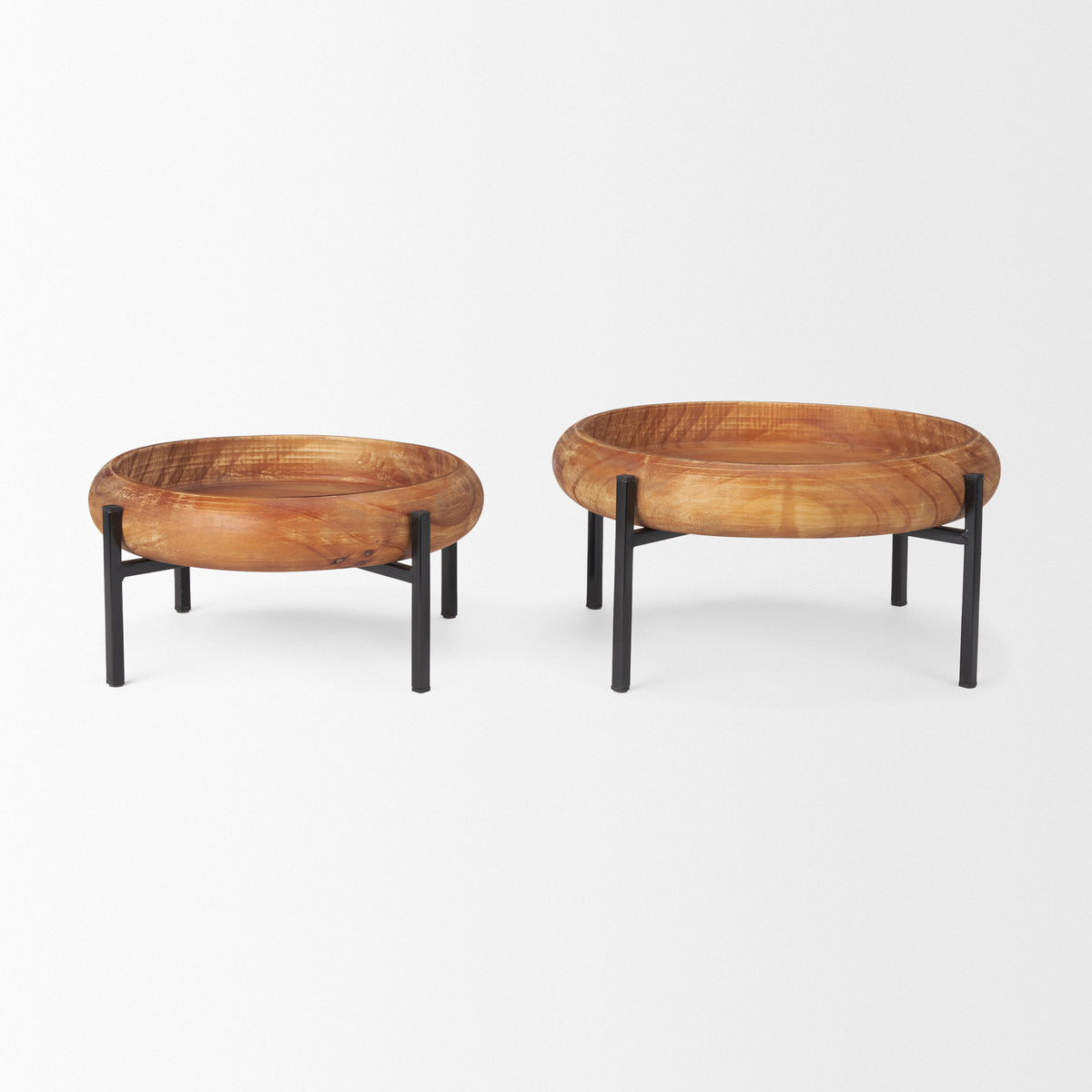 Wally Round Medium Brown Wood w/ Matte Black Metal Stand Trays-Trays-DECOROLALA