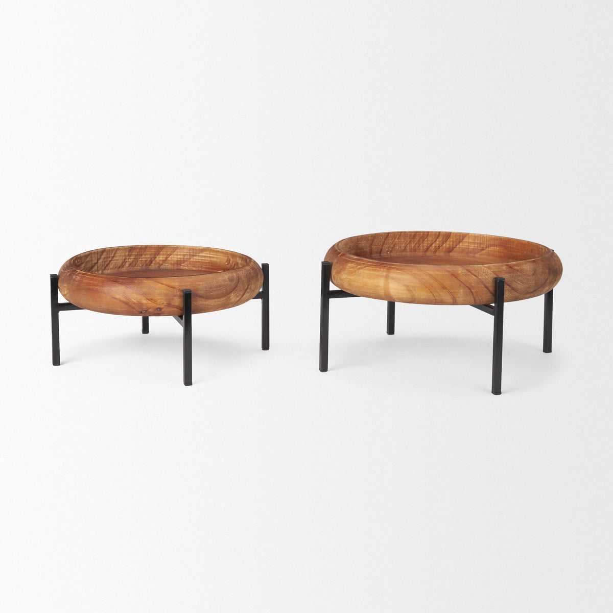 Wally Round Medium Brown Wood w/ Matte Black Metal Stand Trays-Trays-DECOROLALA