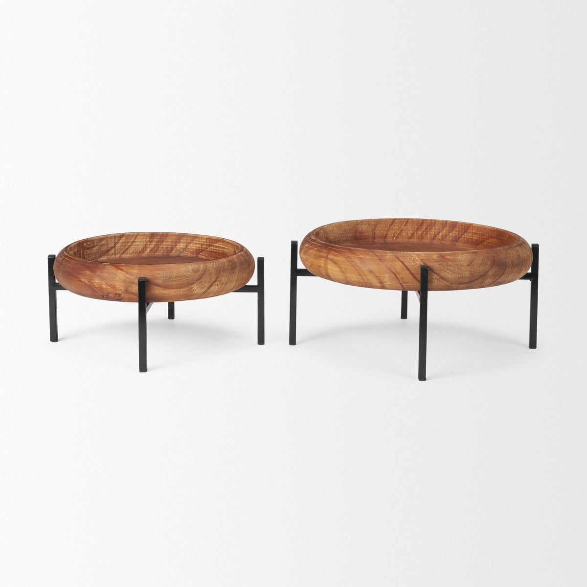 Wally Round Medium Brown Wood w/ Matte Black Metal Stand Trays-Trays-DECOROLALA