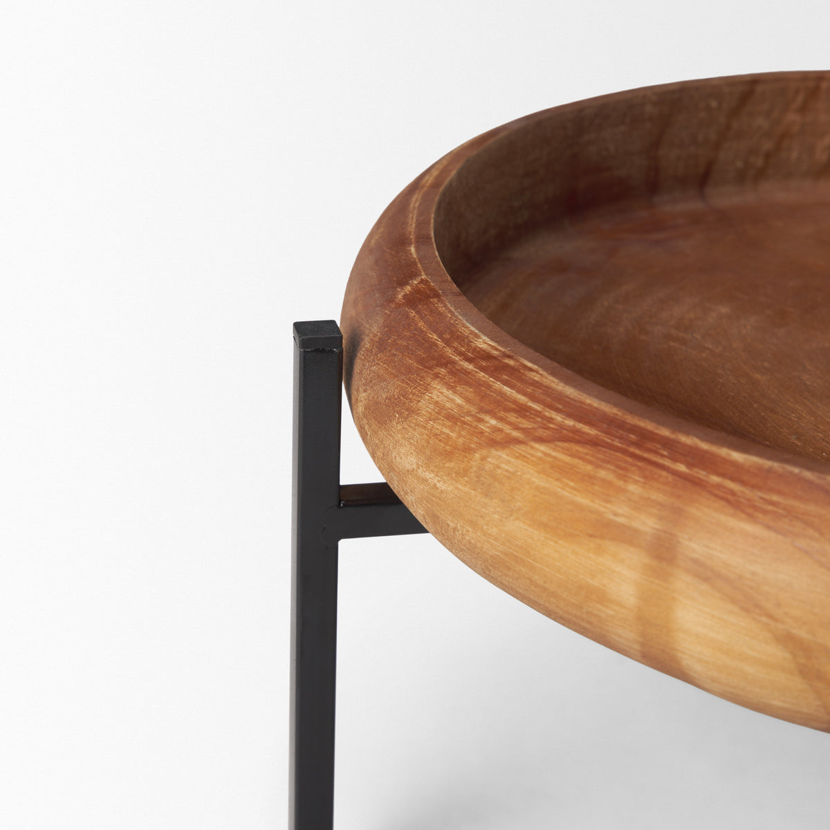 Wally Round Medium Brown Wood w/ Matte Black Metal Stand Trays-Trays-DECOROLALA