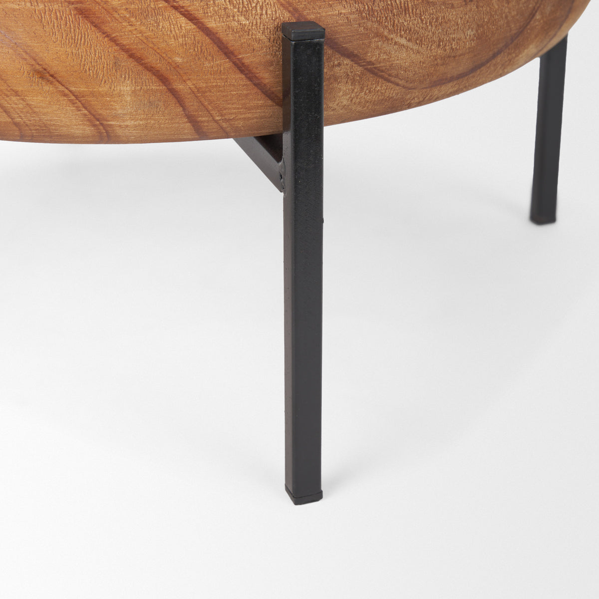 Wally Round Medium Brown Wood w/ Matte Black Metal Stand Trays-Trays-DECOROLALA