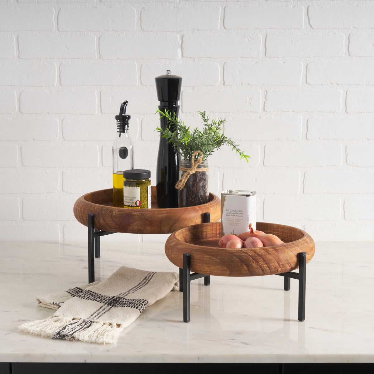 Wally Round Medium Brown Wood w/ Matte Black Metal Stand Trays-Trays-DECOROLALA