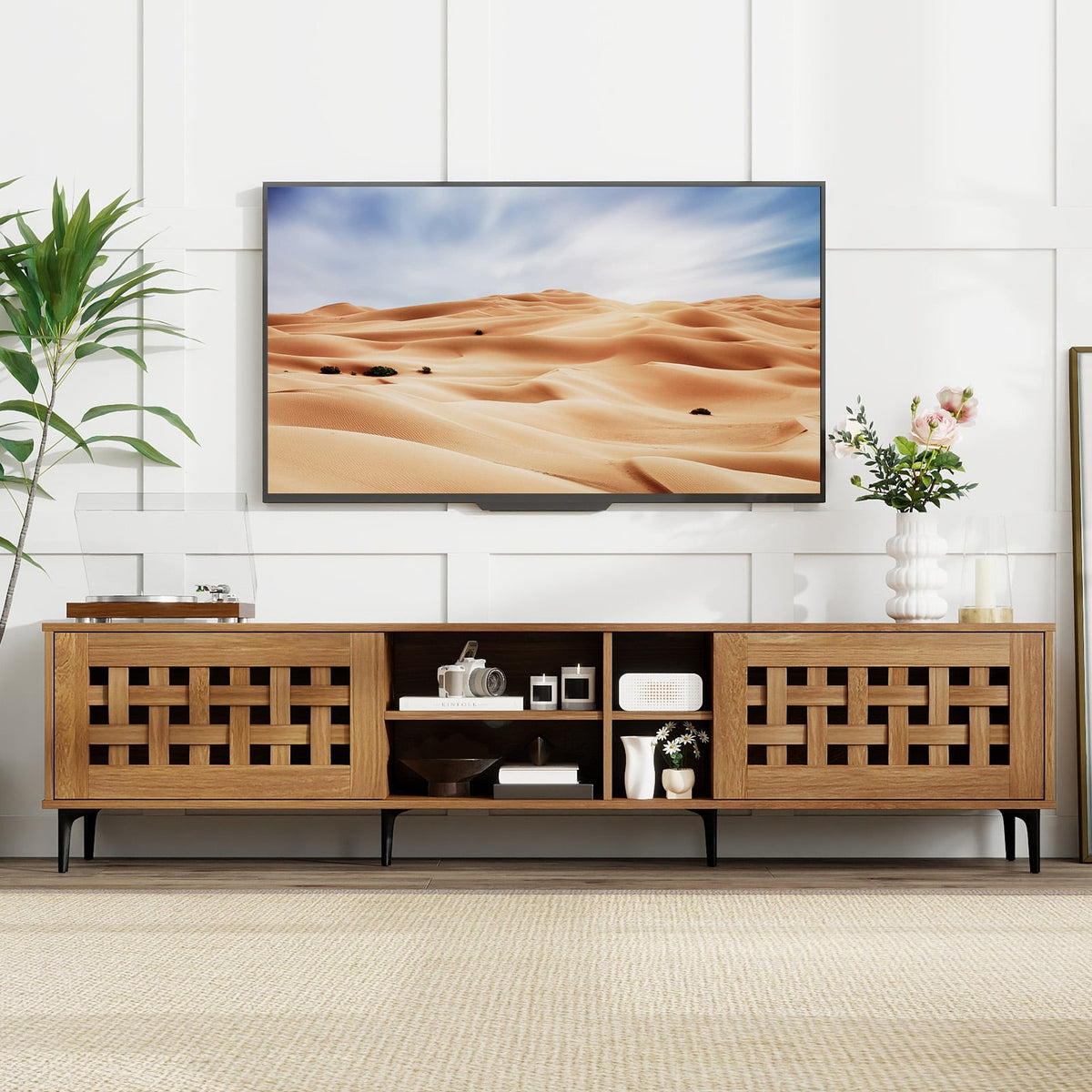 Walnut TV Stand for TVs up to 80" with 2 Cabinets and Storage-Entertainment Centers & TV Stands-DECOROLALA