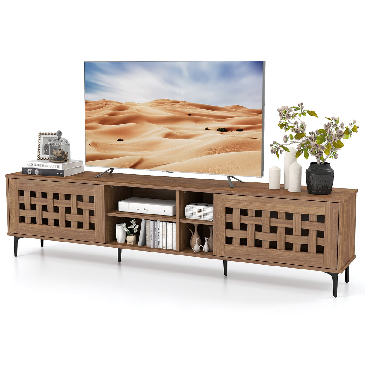 Walnut TV Stand for TVs up to 80" with 2 Cabinets and Storage-Entertainment Centers & TV Stands-DECOROLALA