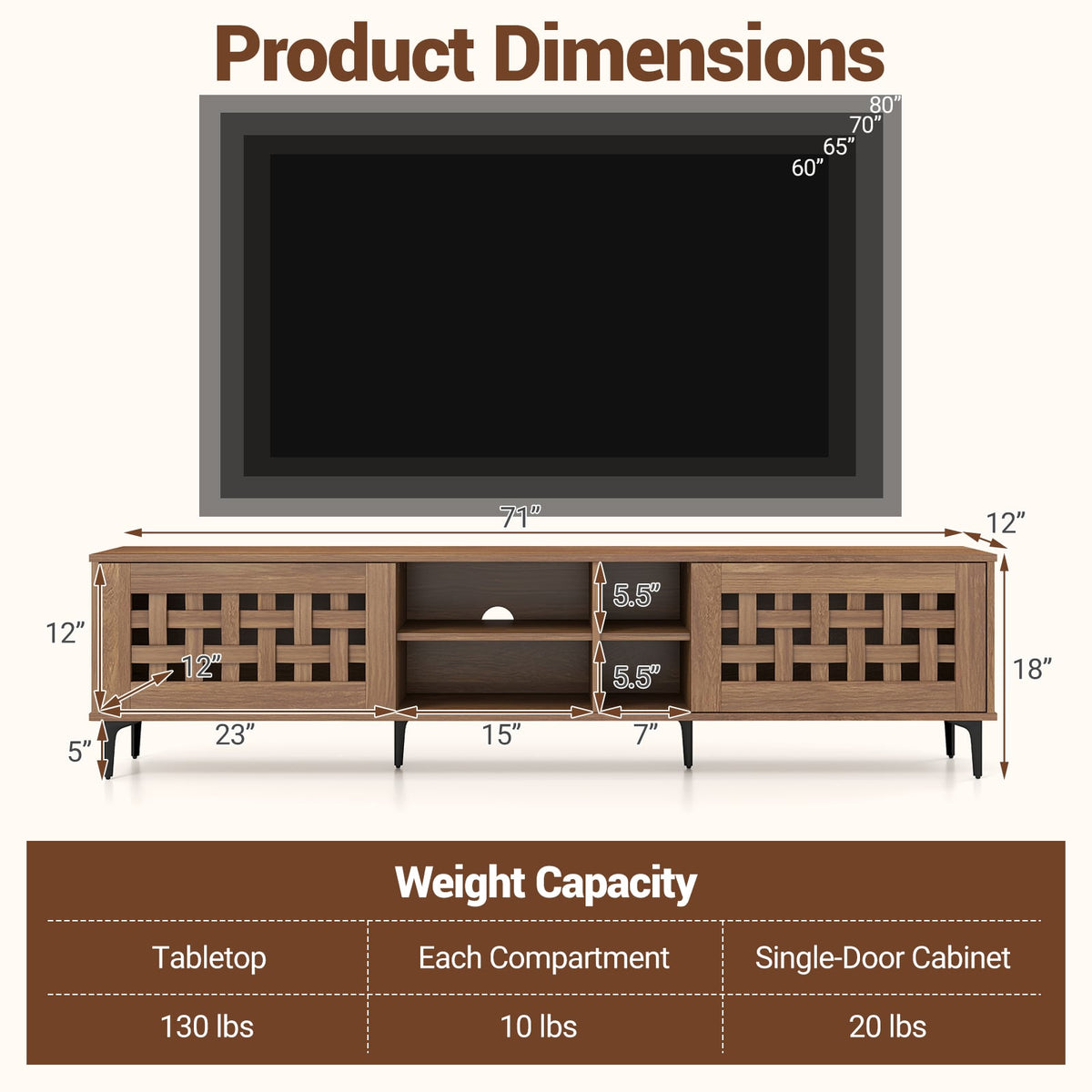 Walnut TV Stand for TVs up to 80" with 2 Cabinets and Storage-Entertainment Centers & TV Stands-DECOROLALA