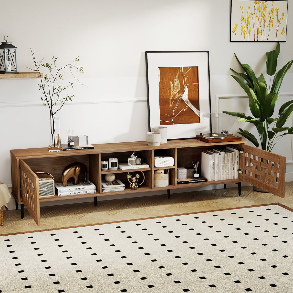 Walnut TV Stand for TVs up to 80" with 2 Cabinets and Storage-Entertainment Centers & TV Stands-DECOROLALA