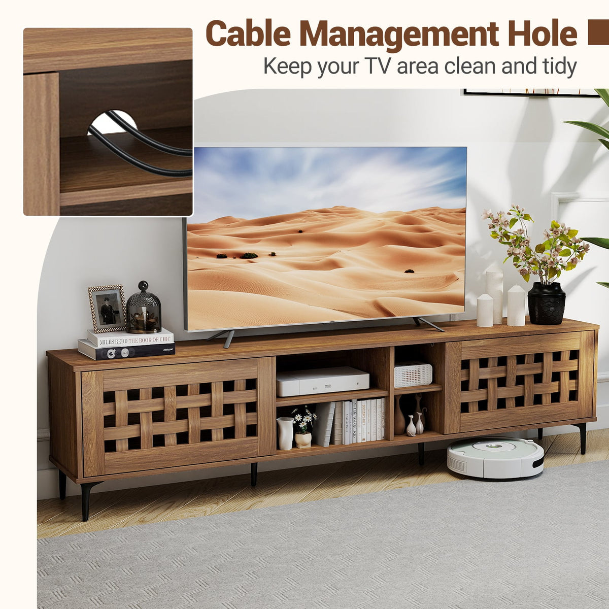 Walnut TV Stand for TVs up to 80" with 2 Cabinets and Storage-Entertainment Centers & TV Stands-DECOROLALA
