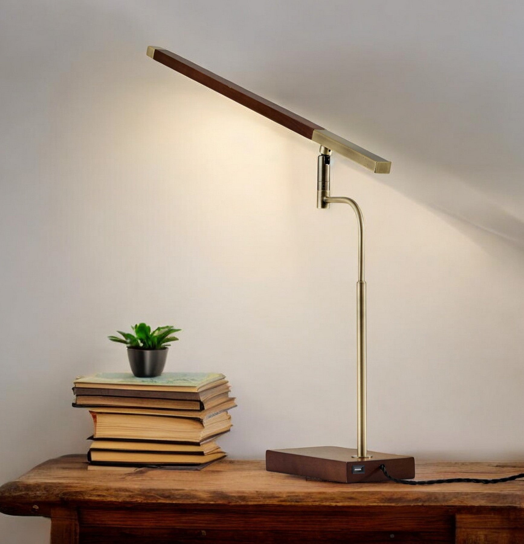 Walnut Wood Finish And Antique Brass Metal Adjustable Led Desk Lamp With Usb Port-Table Lamps-DECOROLALA