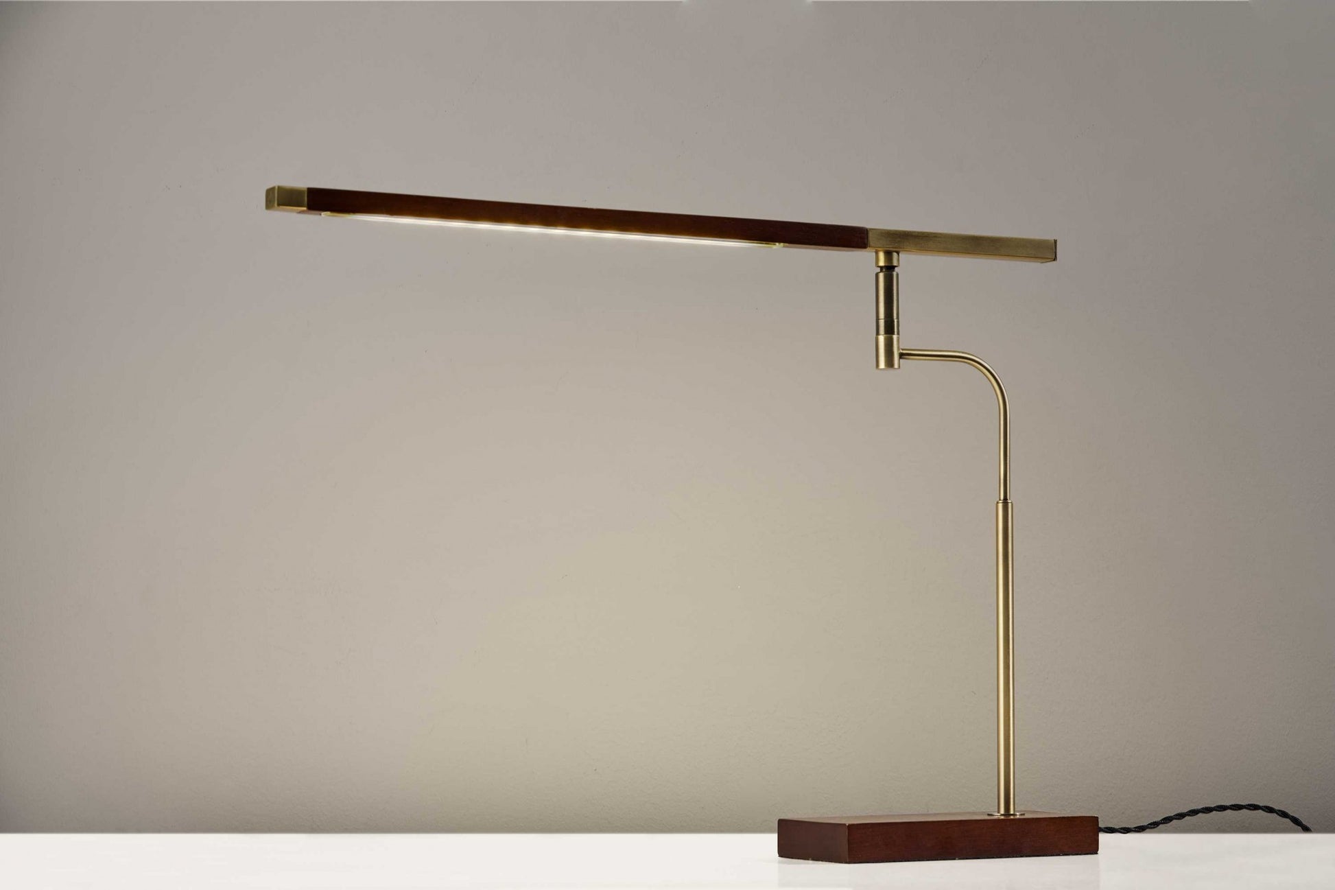Walnut Wood Finish And Antique Brass Metal Adjustable Led Desk Lamp With Usb Port-Table Lamps-DECOROLALA
