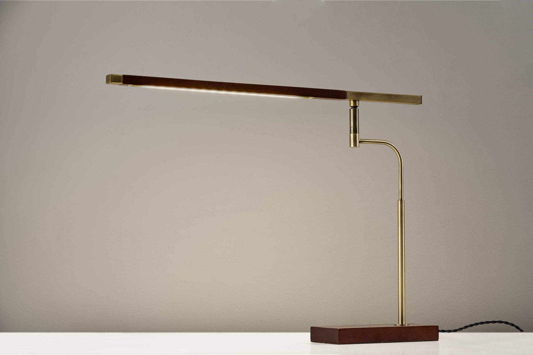 Walnut Wood Finish And Antique Brass Metal Adjustable Led Desk Lamp With Usb Port-Table Lamps-DECOROLALA
