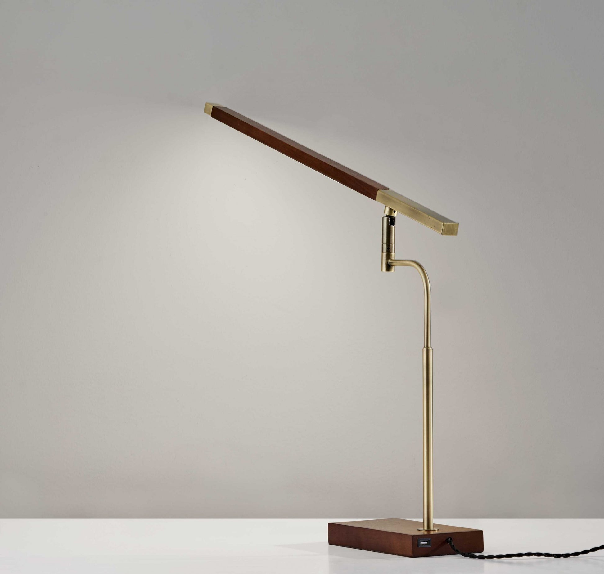 Walnut Wood Finish And Antique Brass Metal Adjustable Led Desk Lamp With Usb Port-Table Lamps-DECOROLALA
