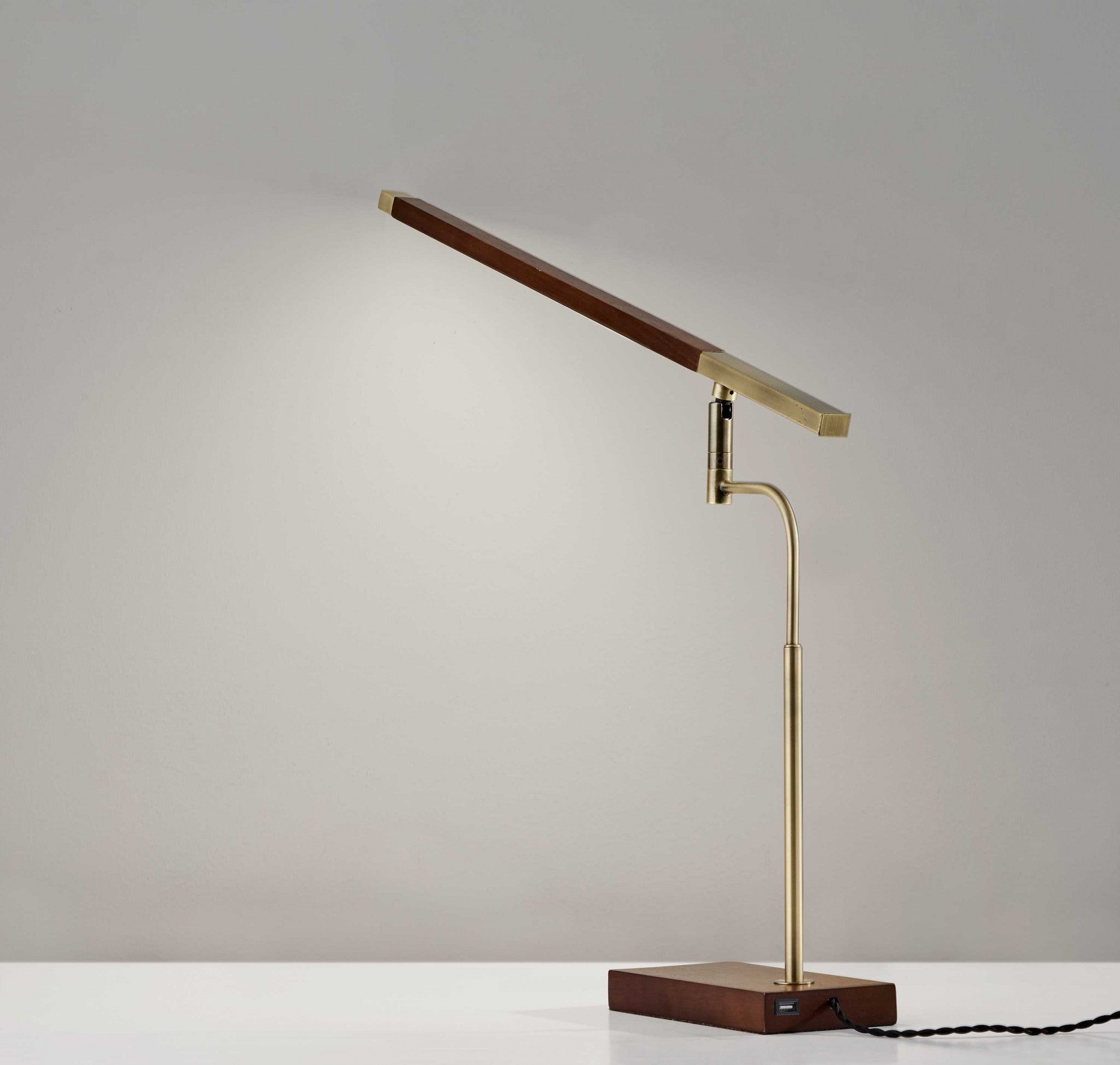 Walnut Wood Finish And Antique Brass Metal Adjustable Led Desk Lamp With Usb Port-Table Lamps-DECOROLALA