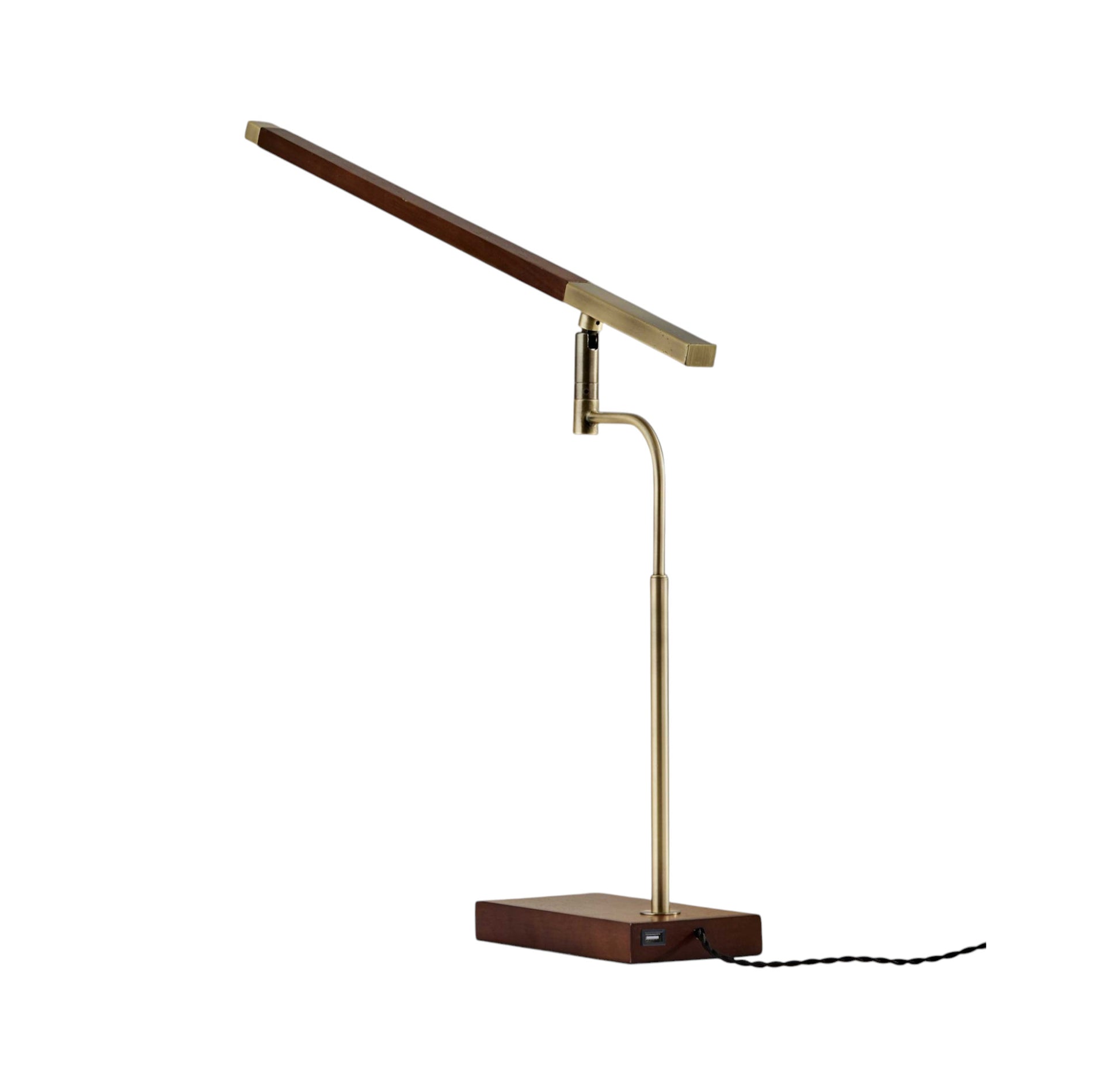 Walnut Wood Finish And Antique Brass Metal Adjustable Led Desk Lamp With Usb Port-Table Lamps-DECOROLALA