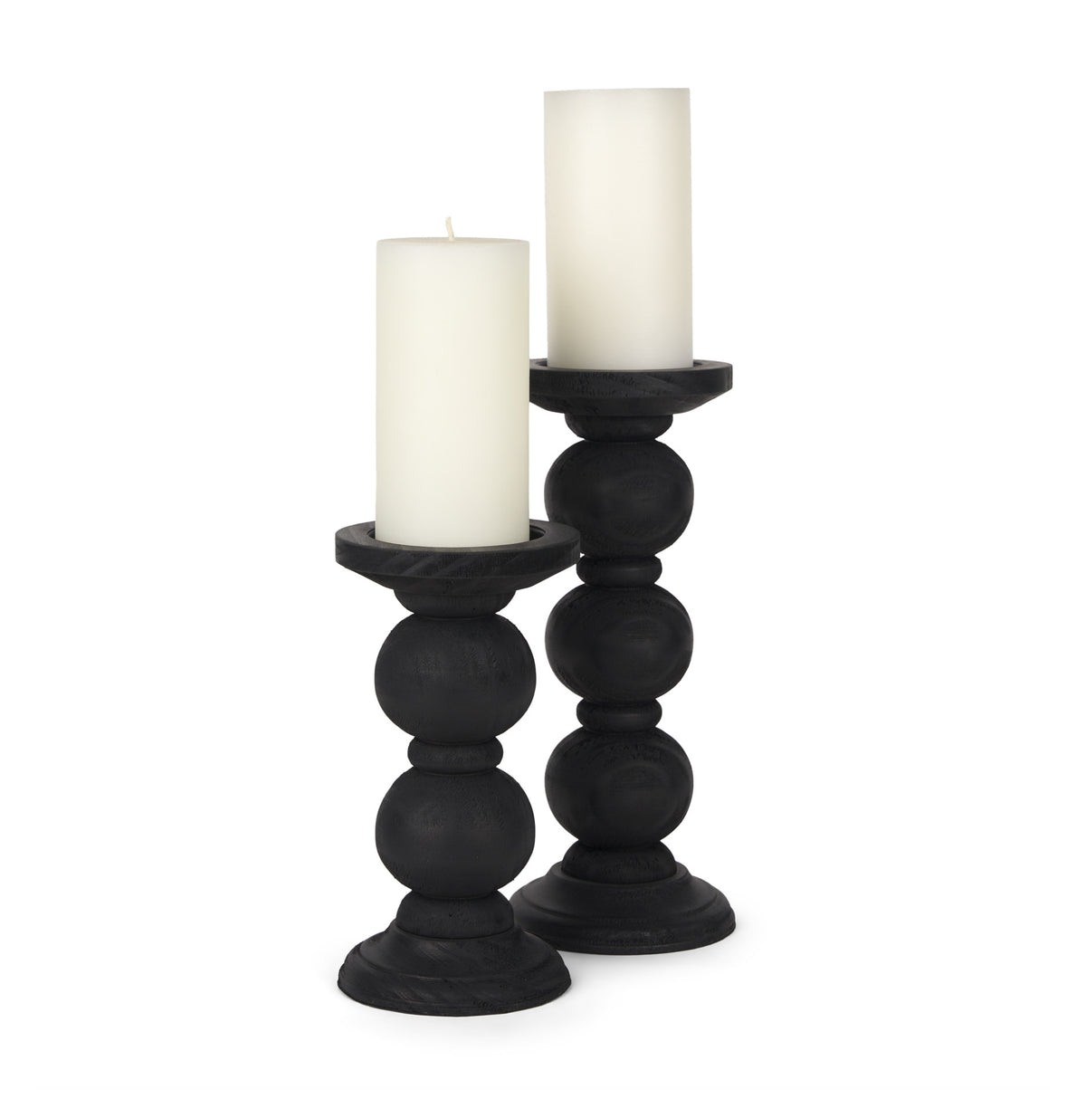 Wanda Matte Black Wood Pillar Candle Holders (Set of 2)-Table Candle Holders-DECOROLALA