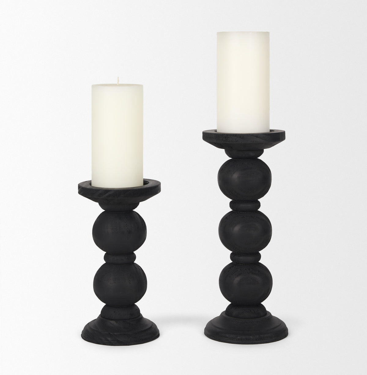 Wanda Matte Black Wood Pillar Candle Holders (Set of 2)-Table Candle Holders-DECOROLALA