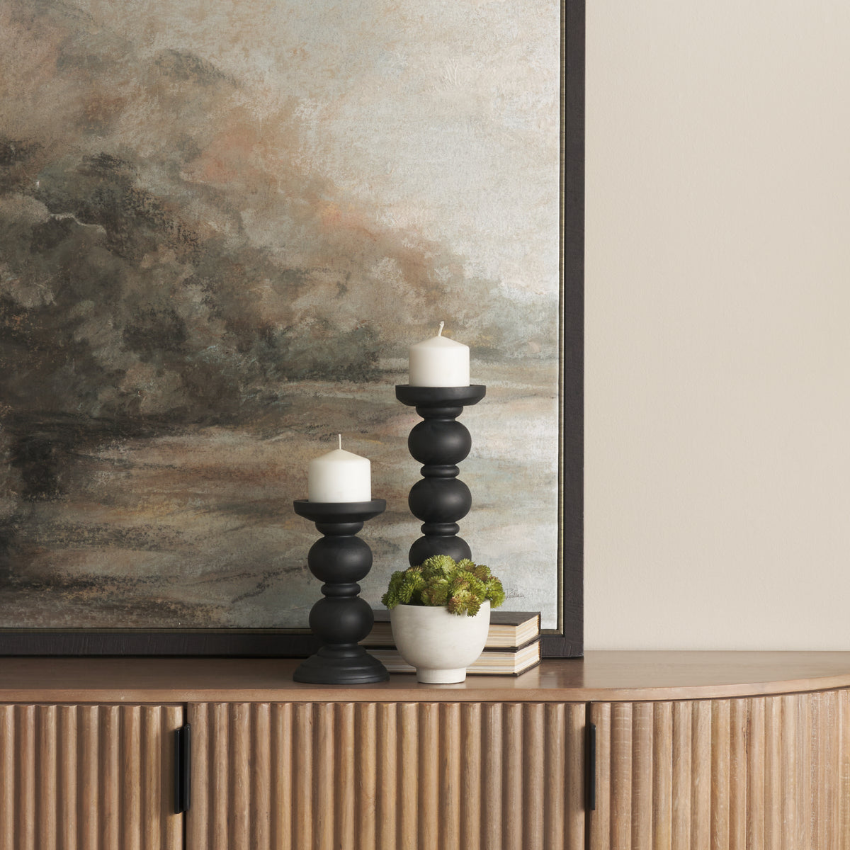 Wanda Matte Black Wood Pillar Candle Holders (Set of 2)-Table Candle Holders-DECOROLALA