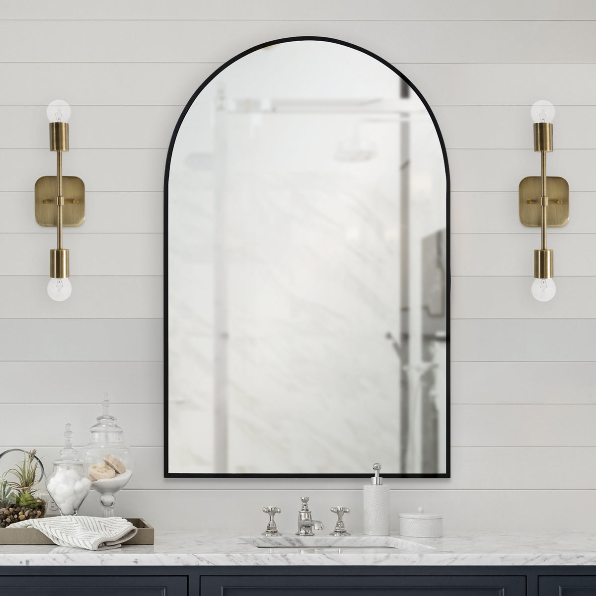 Waren 36" Tall Arch Wall Mirror, Black-Mirrors-DECOROLALA