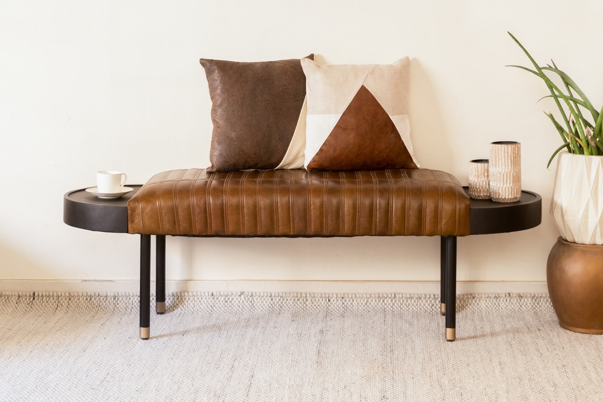 Warm Brown Leather And Solid Wood Bench-Benches-DECOROLALA