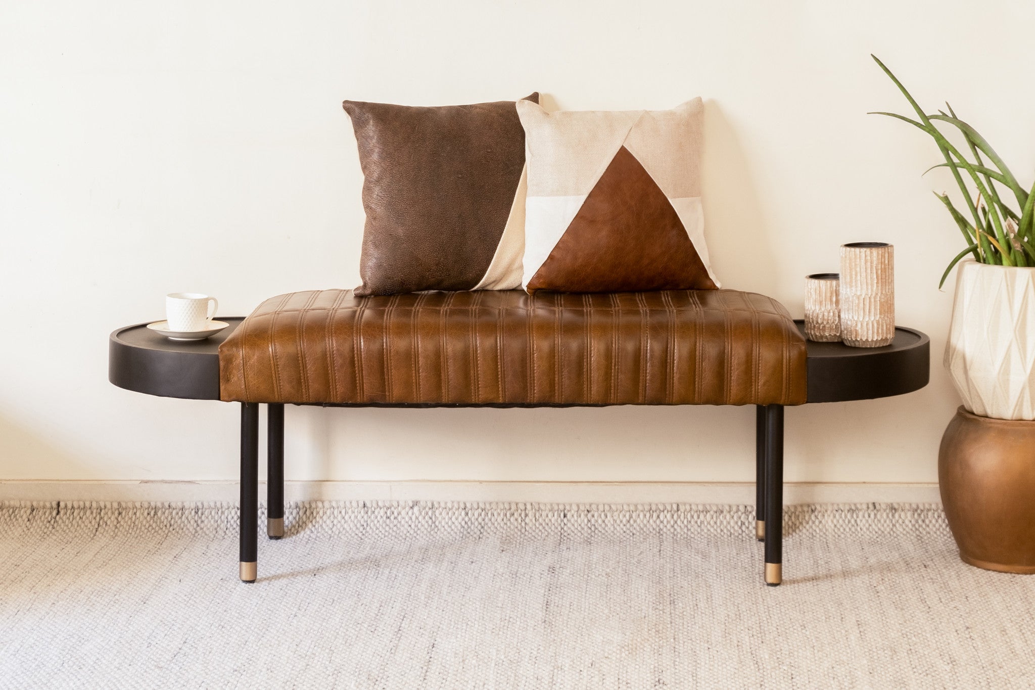 Warm Brown Leather And Solid Wood Bench-Benches-DECOROLALA