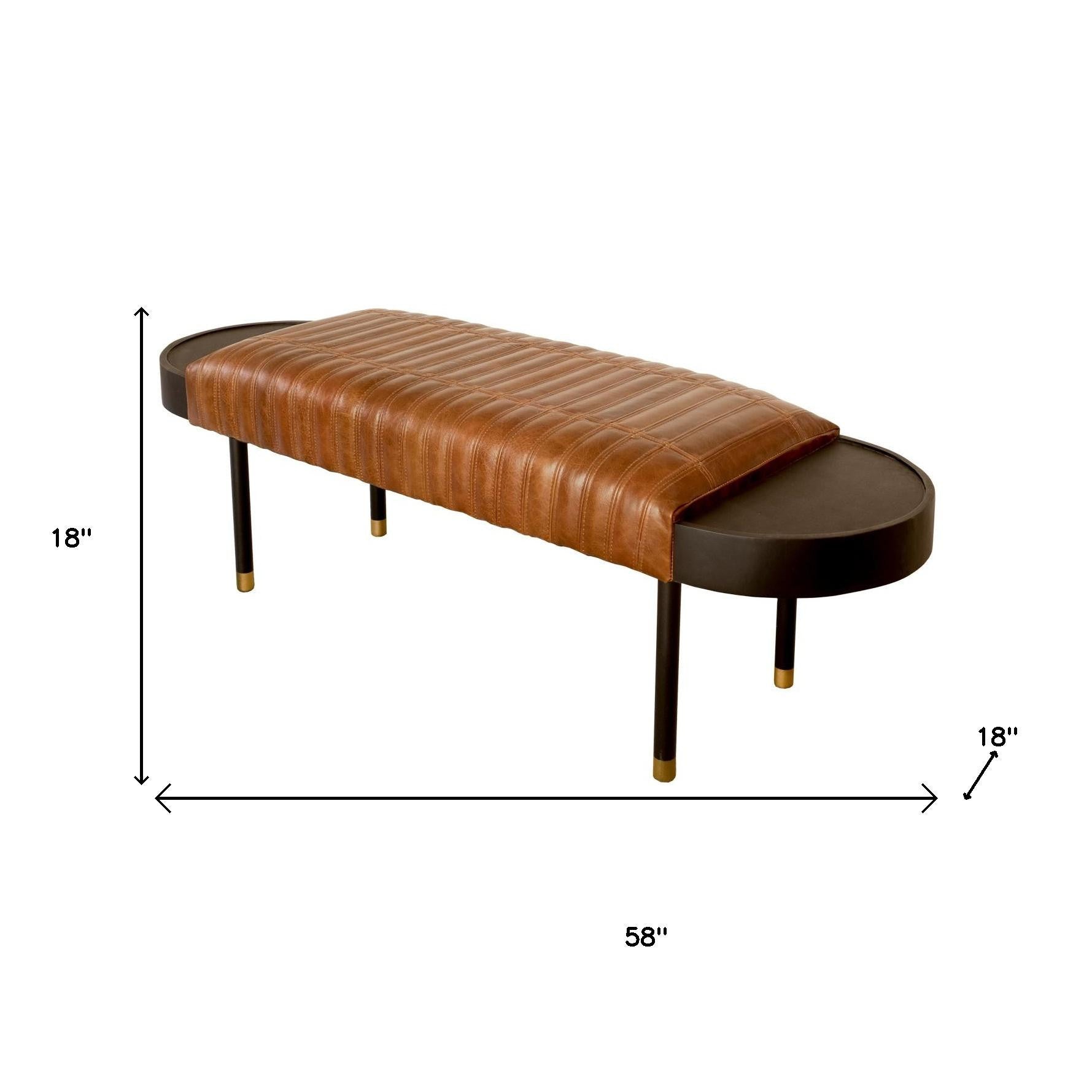 Warm Brown Leather And Solid Wood Bench-Benches-DECOROLALA