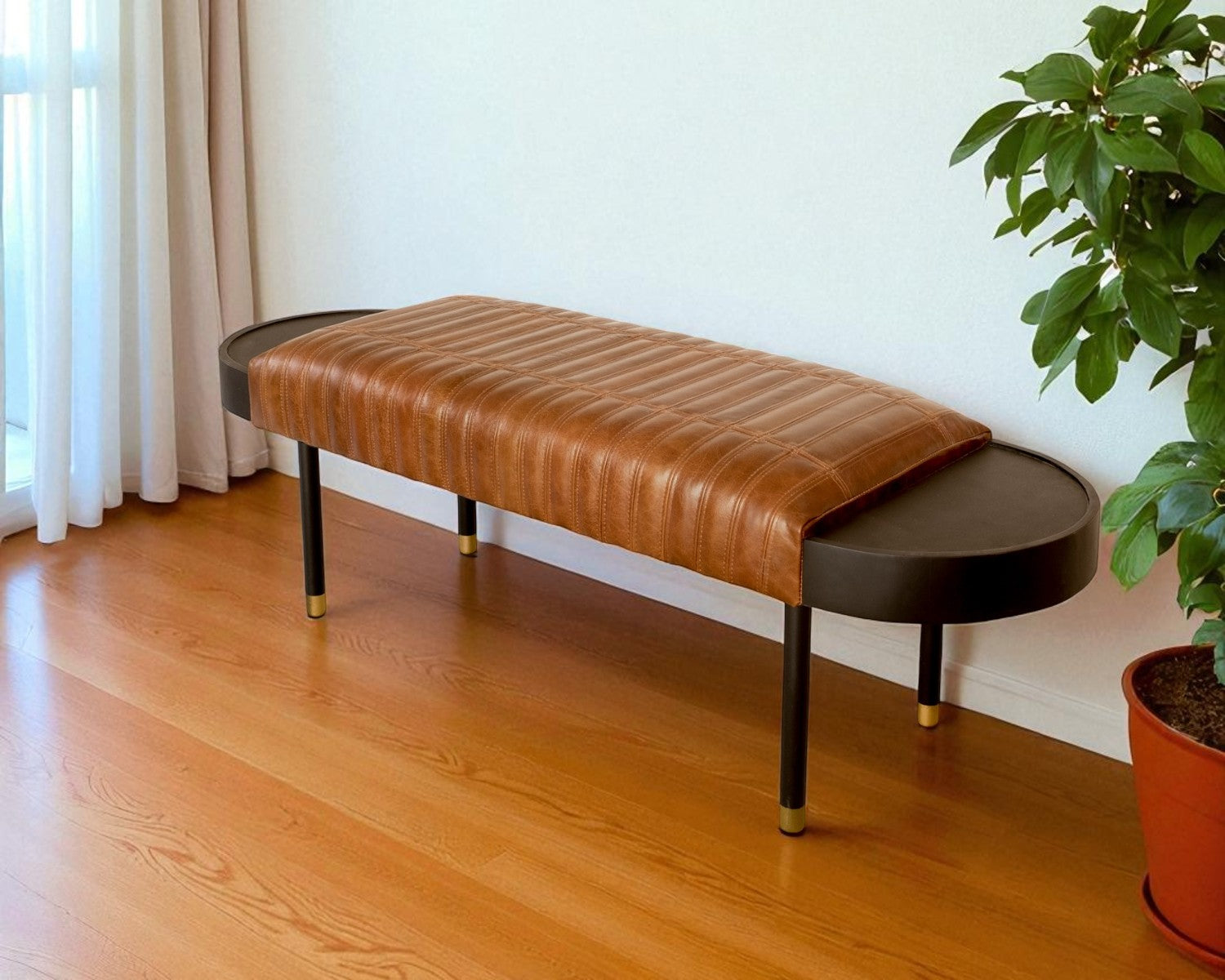 Warm Brown Leather And Solid Wood Bench-Benches-DECOROLALA