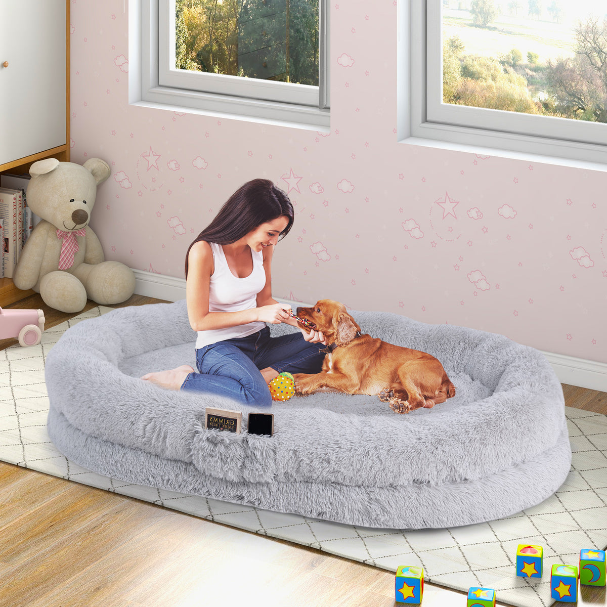 Washable Fluffy Human Dog Bed with Soft Blanket and Plump Pillow-Gray-Dog Supplies-DECOROLALA