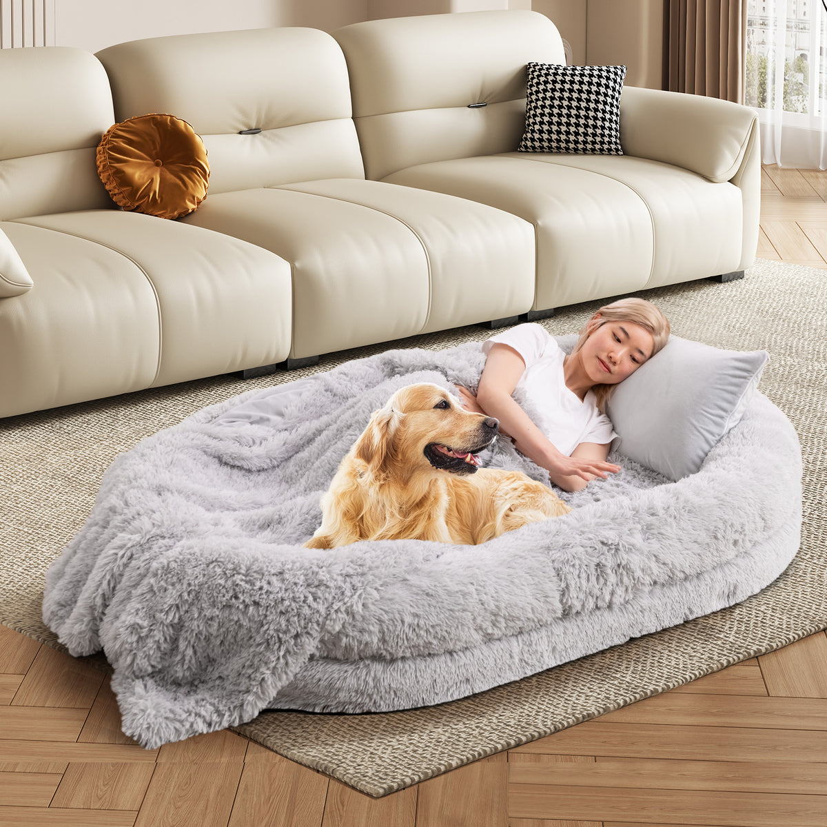 Washable Fluffy Human Dog Bed with Soft Blanket and Plump Pillow-Gray-Dog Supplies-DECOROLALA