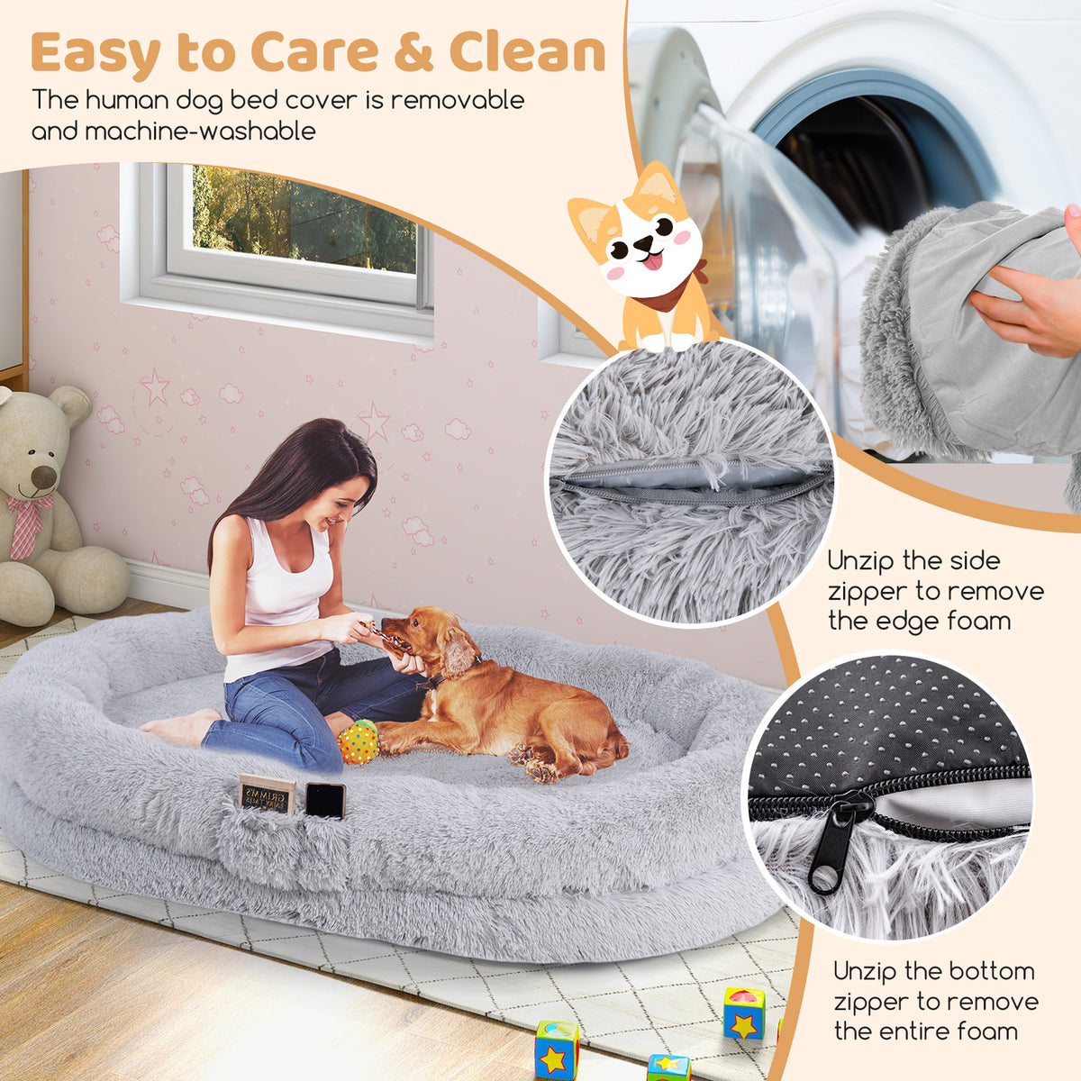 Washable Fluffy Human Dog Bed with Soft Blanket and Plump Pillow-Gray-Dog Supplies-DECOROLALA