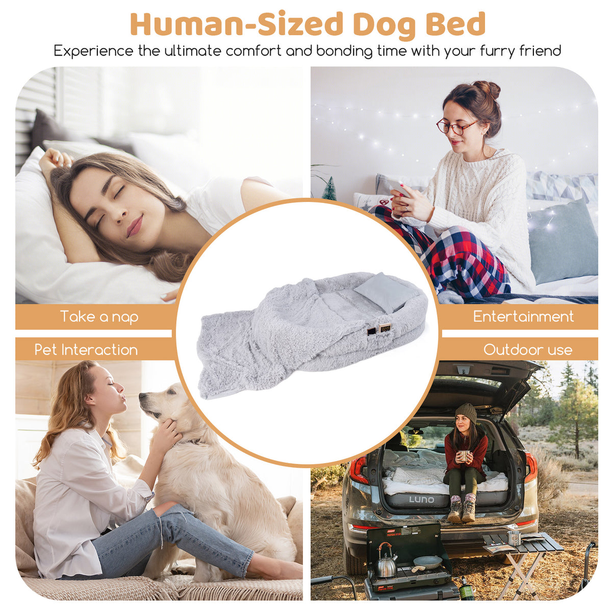 Washable Fluffy Human Dog Bed with Soft Blanket and Plump Pillow-Gray-Dog Supplies-DECOROLALA