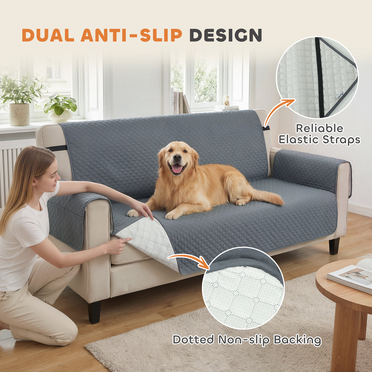 Waterproof 3-Seater Sofa Cover - Non-Slip Grey Brushed Fabric-Dogs-DECOROLALA