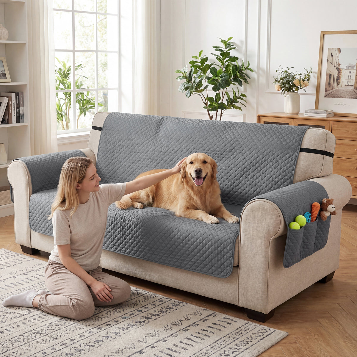 Waterproof 3-Seater Sofa Cover - Non-Slip Grey Brushed Fabric-Dogs-DECOROLALA