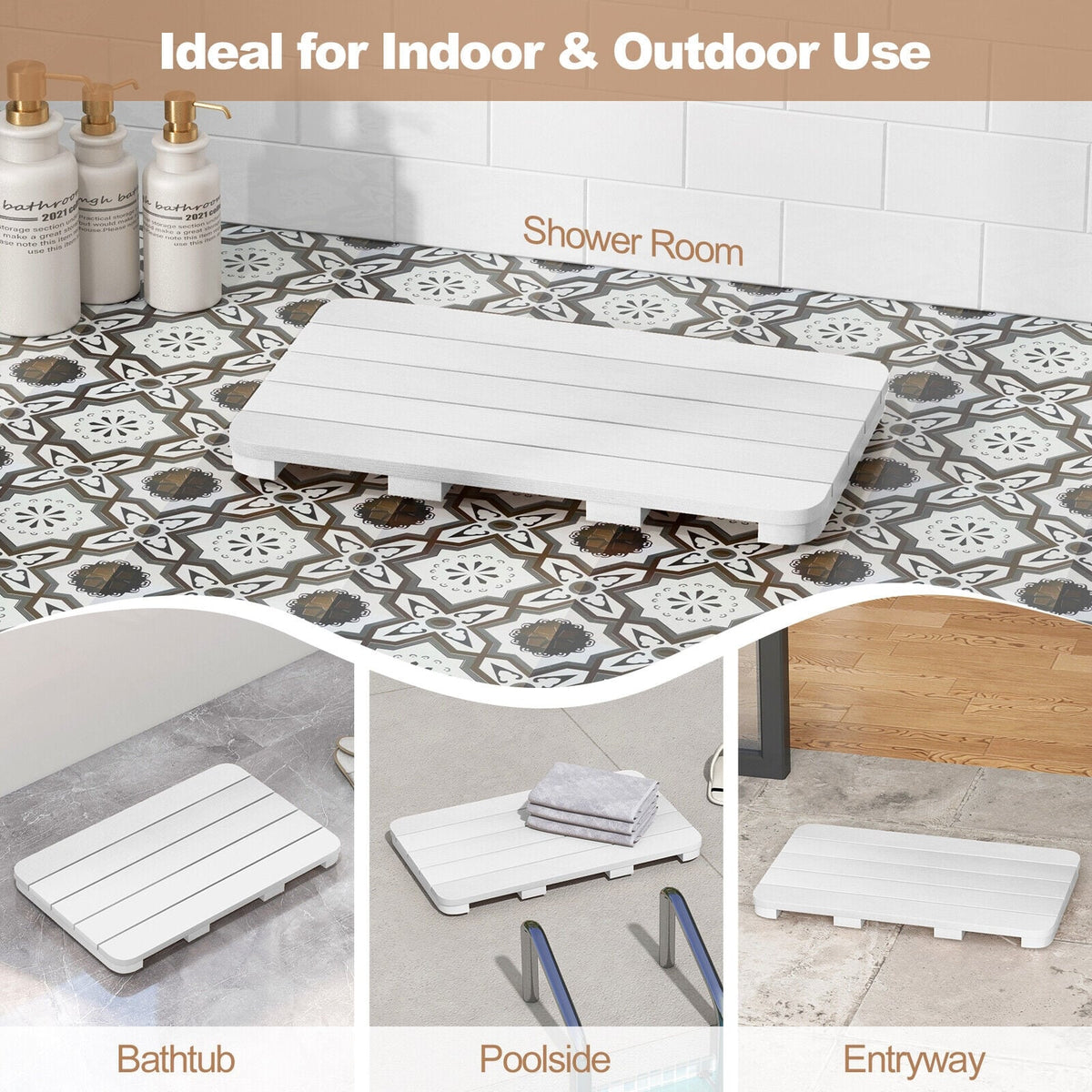 Waterproof HIPS Spa Shower Mat for Bathroom with Non Slip Foot Pads-White-Bath Safety Products-DECOROLALA
