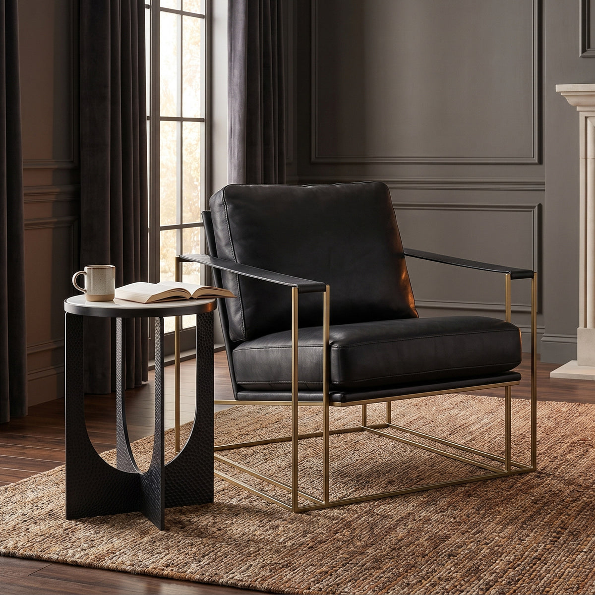Watson Black Leather Wrap Gold Metal Frame Accent Chair-Accent Chairs-DECOROLALA