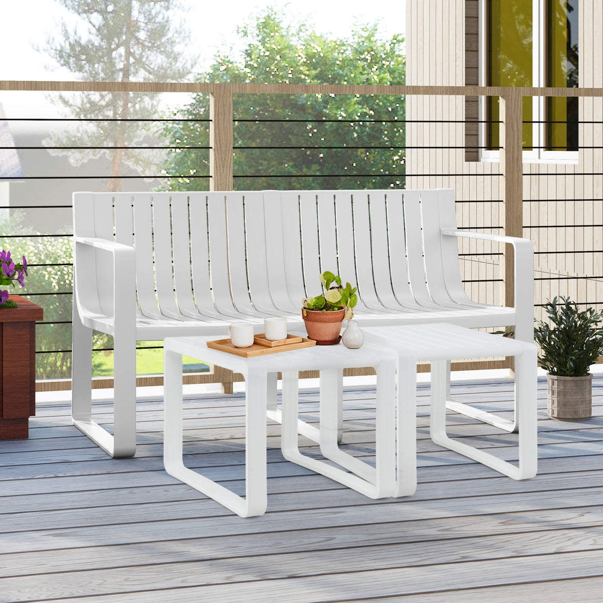 Weather-resistant Plastic 2-Person Bench with Curved Backrest-White-Outdoor Benches-DECOROLALA