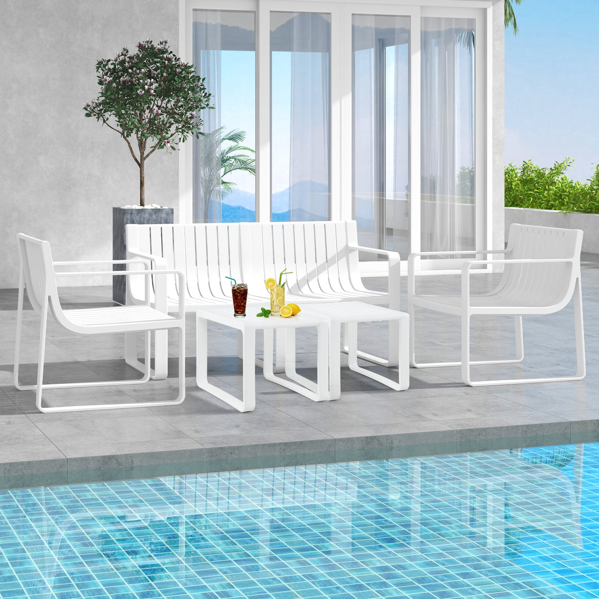 Weather-resistant Plastic 2-Person Bench with Curved Backrest-White-Outdoor Benches-DECOROLALA