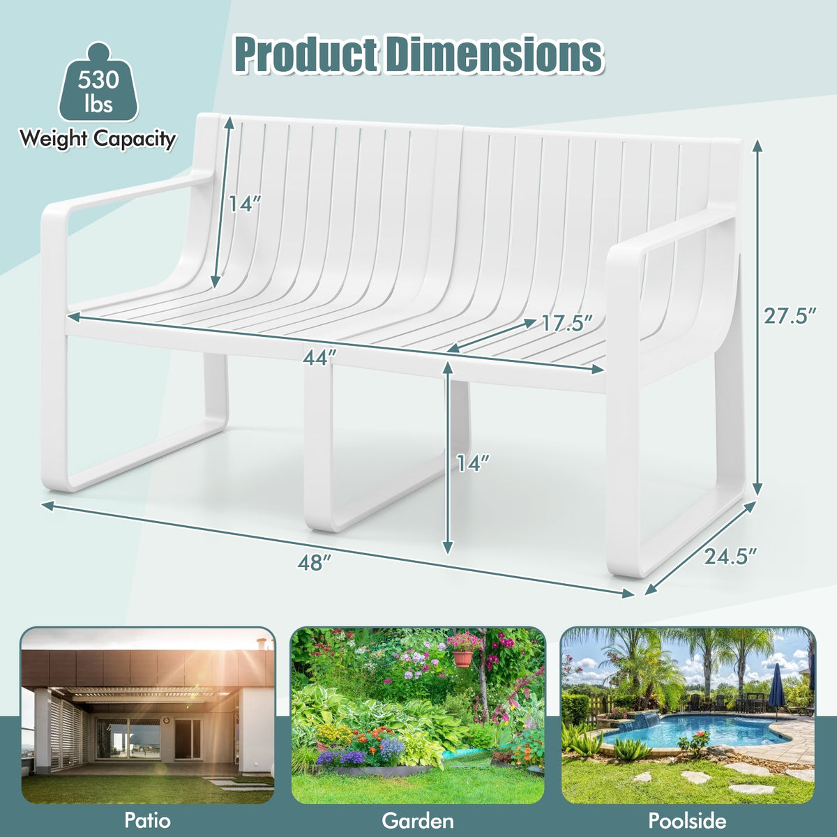Weather-resistant Plastic 2-Person Bench with Curved Backrest-White-Outdoor Benches-DECOROLALA