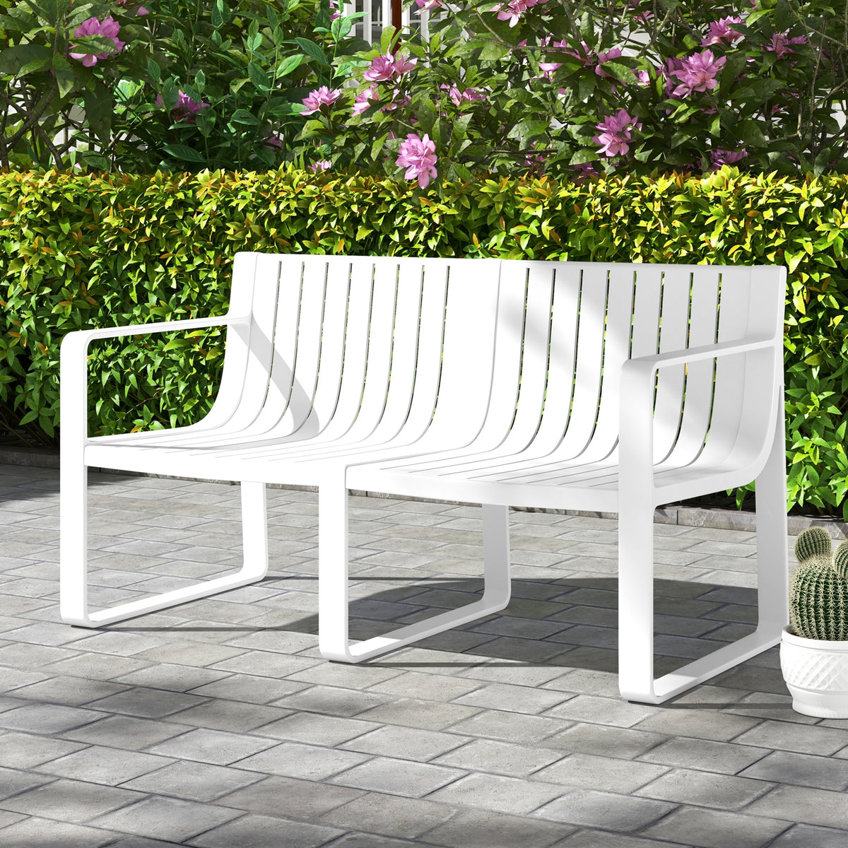 Weather-resistant Plastic 2-Person Bench with Curved Backrest-White-Outdoor Benches-DECOROLALA