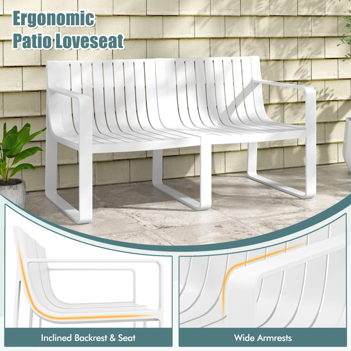 Weather-resistant Plastic 2-Person Bench with Curved Backrest-White-Outdoor Benches-DECOROLALA