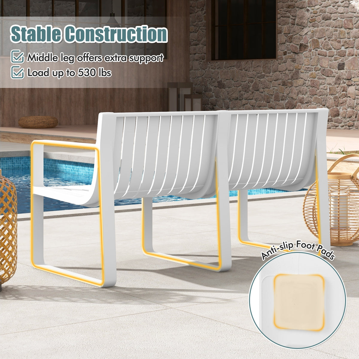 Weather-resistant Plastic 2-Person Bench with Curved Backrest-White-Outdoor Benches-DECOROLALA