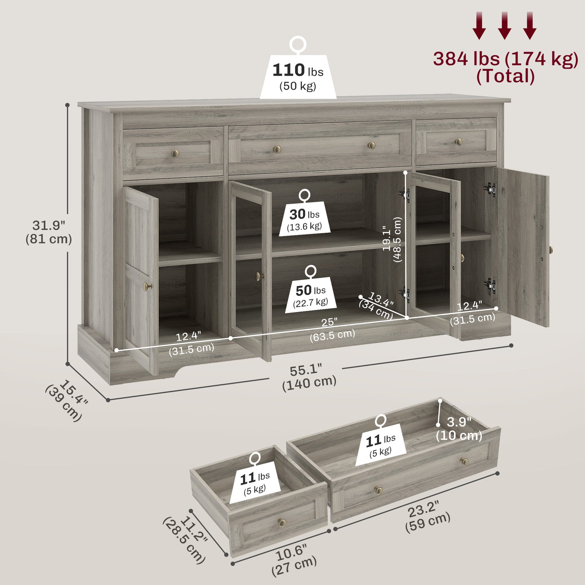 Weathered Grey Oak Buffet Sideboard with Glass Doors, Adjustable Shelves-DECOROLALA