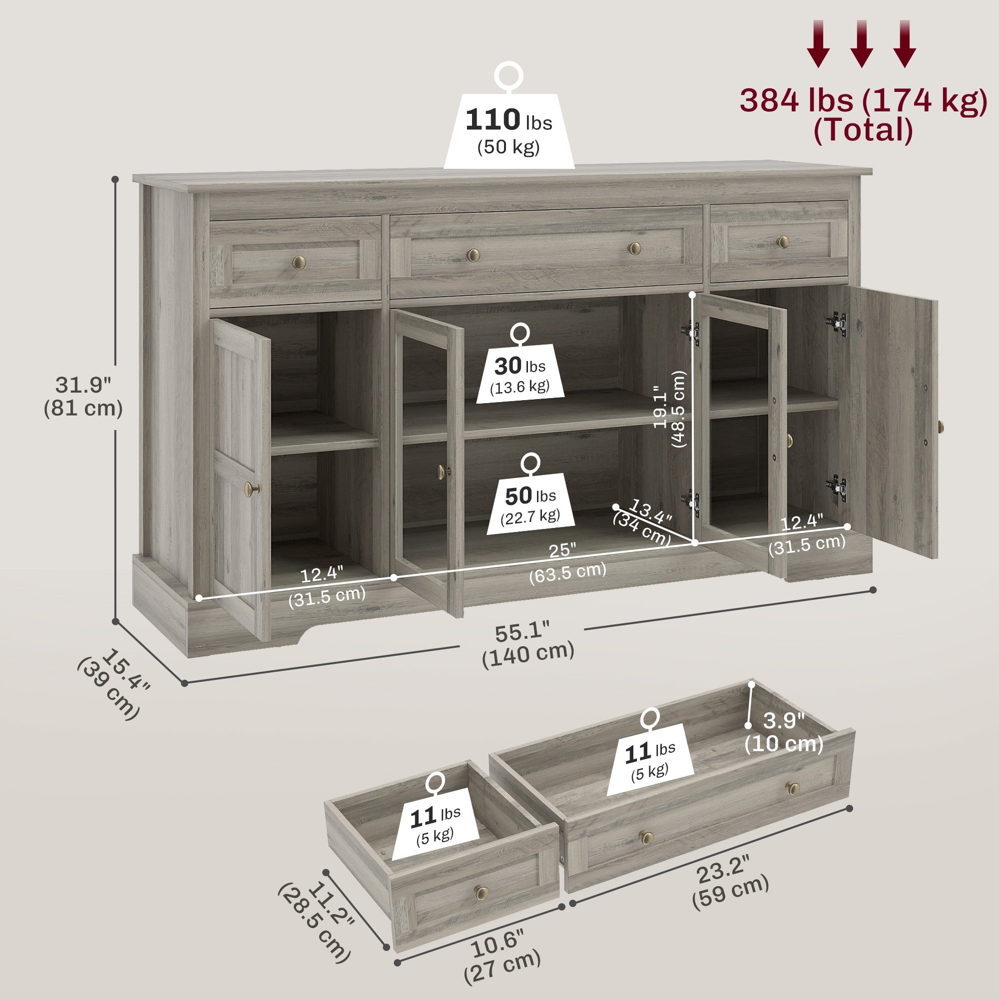 Weathered Grey Oak Buffet Sideboard with Glass Doors, Adjustable Shelves-DECOROLALA