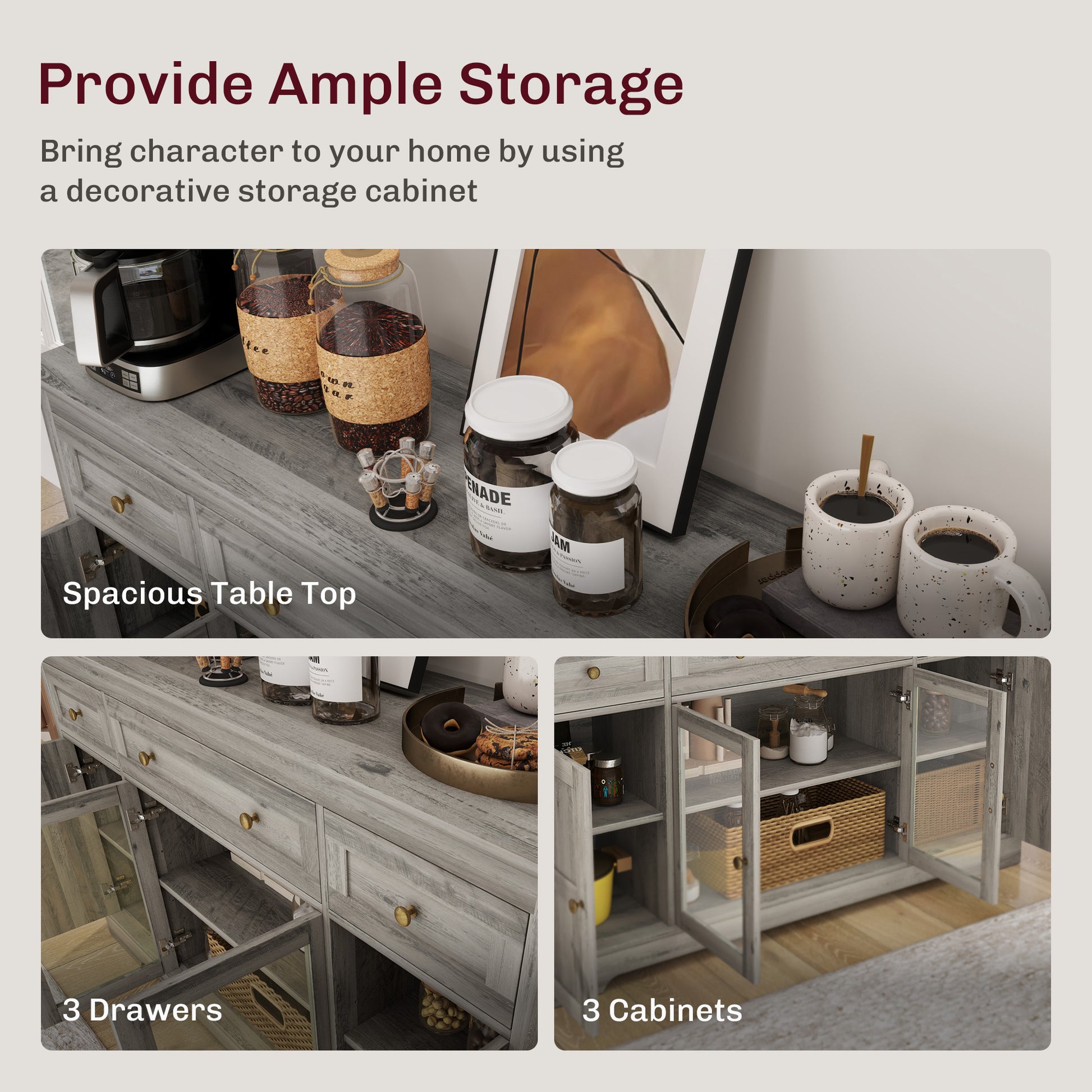 Weathered Grey Oak Buffet Sideboard with Glass Doors, Adjustable Shelves-DECOROLALA