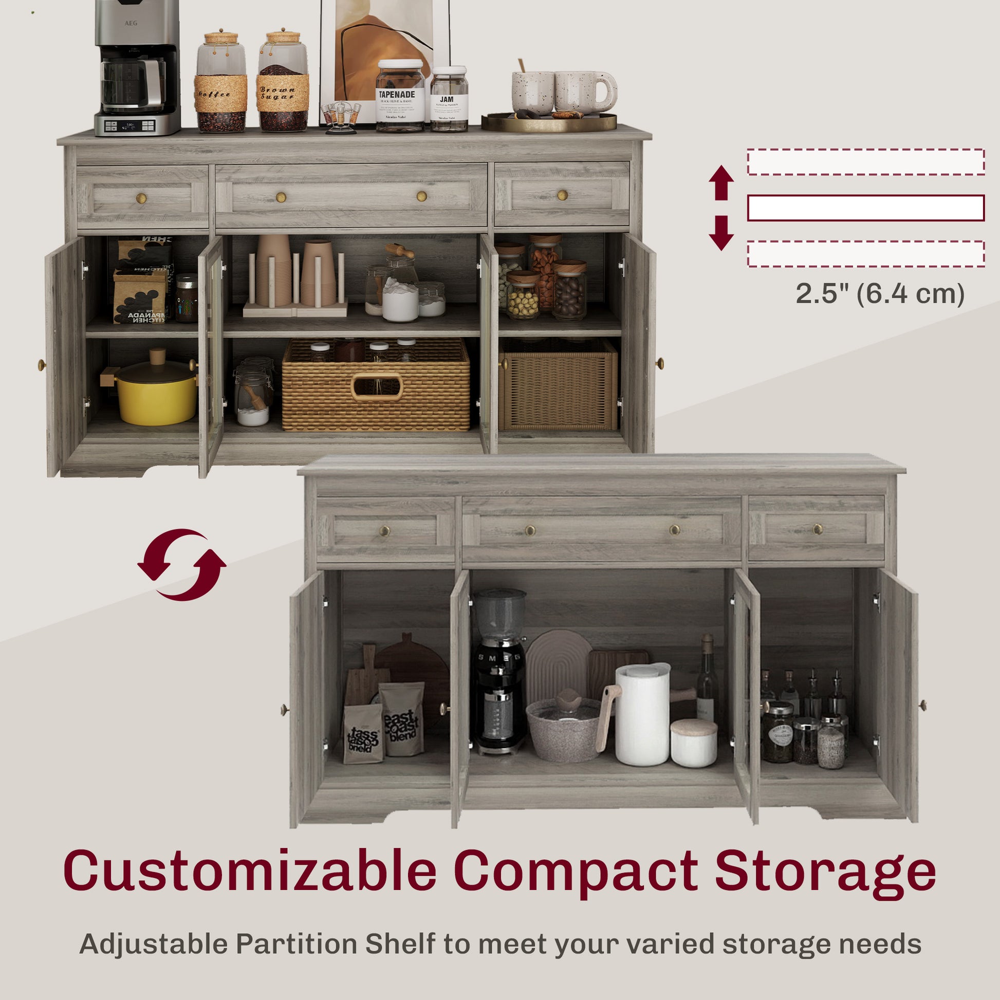Weathered Grey Oak Buffet Sideboard with Glass Doors, Adjustable Shelves-DECOROLALA